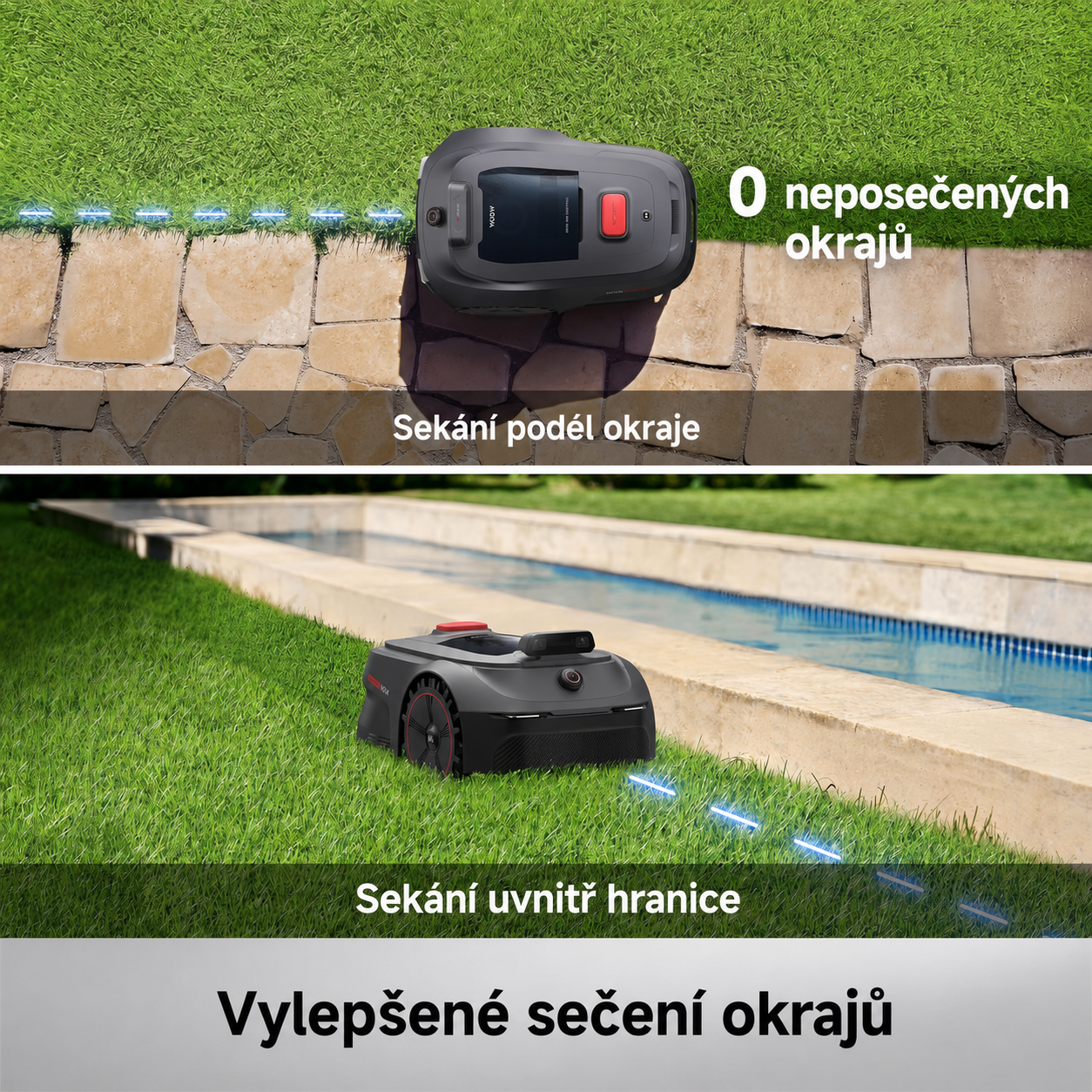 MOVA Robotická travní sekačka ViAX 500 bez omezovacího kabelu, doporuč. 600 m², mapování podporované umělou inteligencí, 360° liDAR a vize duálního AI, inteligentní vyhýbání se překážkám, U-dráha