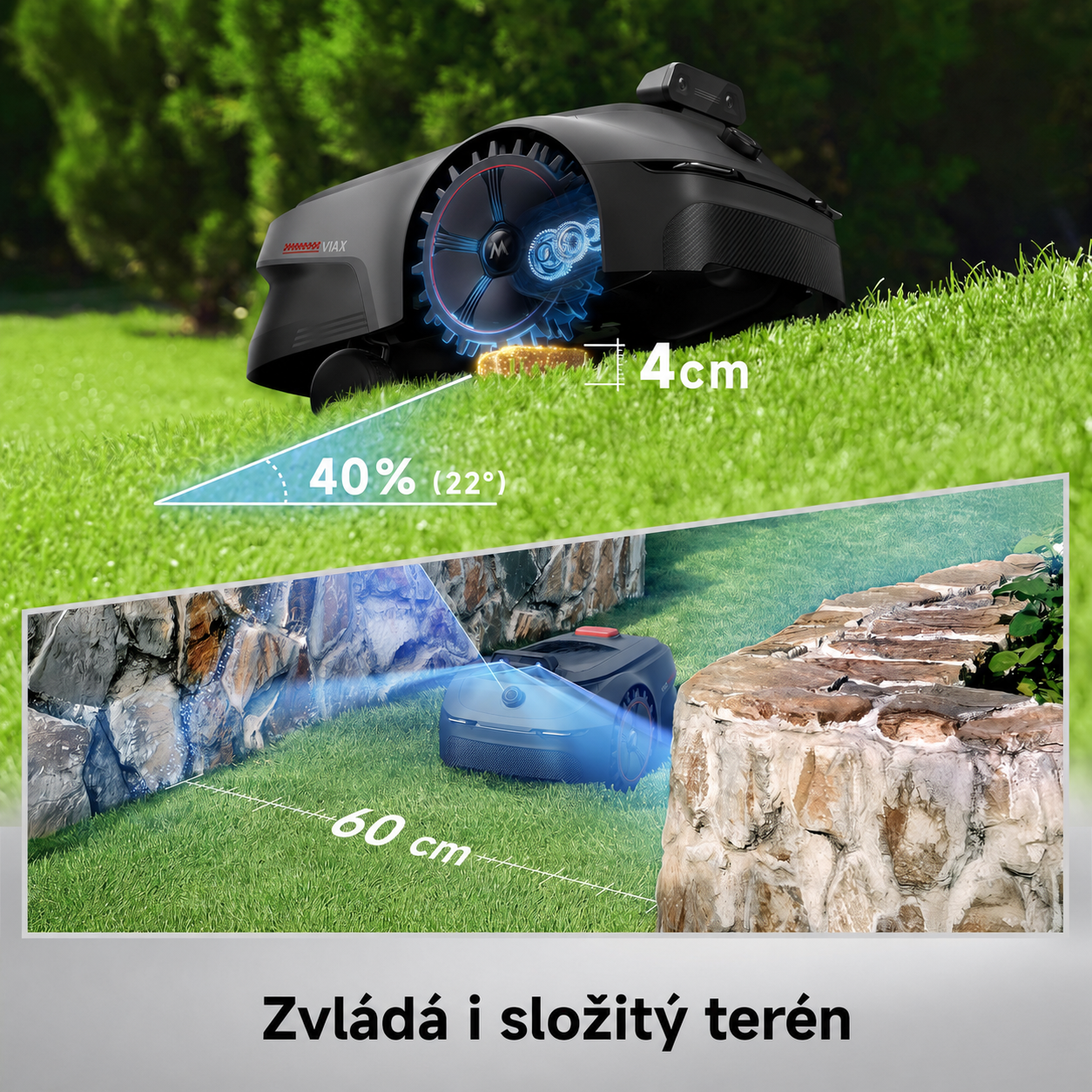 MOVA Robotická travní sekačka ViAX 500 bez omezovacího kabelu, doporuč. 600 m², mapování podporované umělou inteligencí, 360° liDAR a vize duálního AI, inteligentní vyhýbání se překážkám, U-dráha