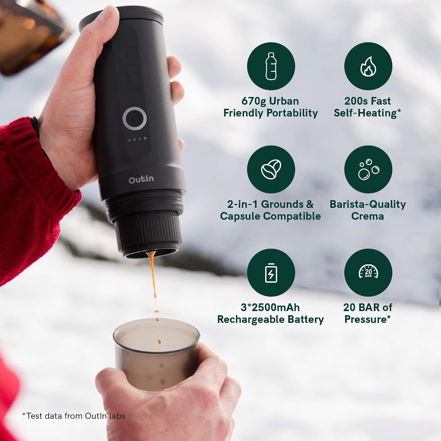 OutIn Přenosný elektrický kávovar na espresso s USB-C, Space Grey | Vlastní ohřev USB-C pro mletou kávu a kapsle NS, kompaktní na cesty, kempování a kancelář