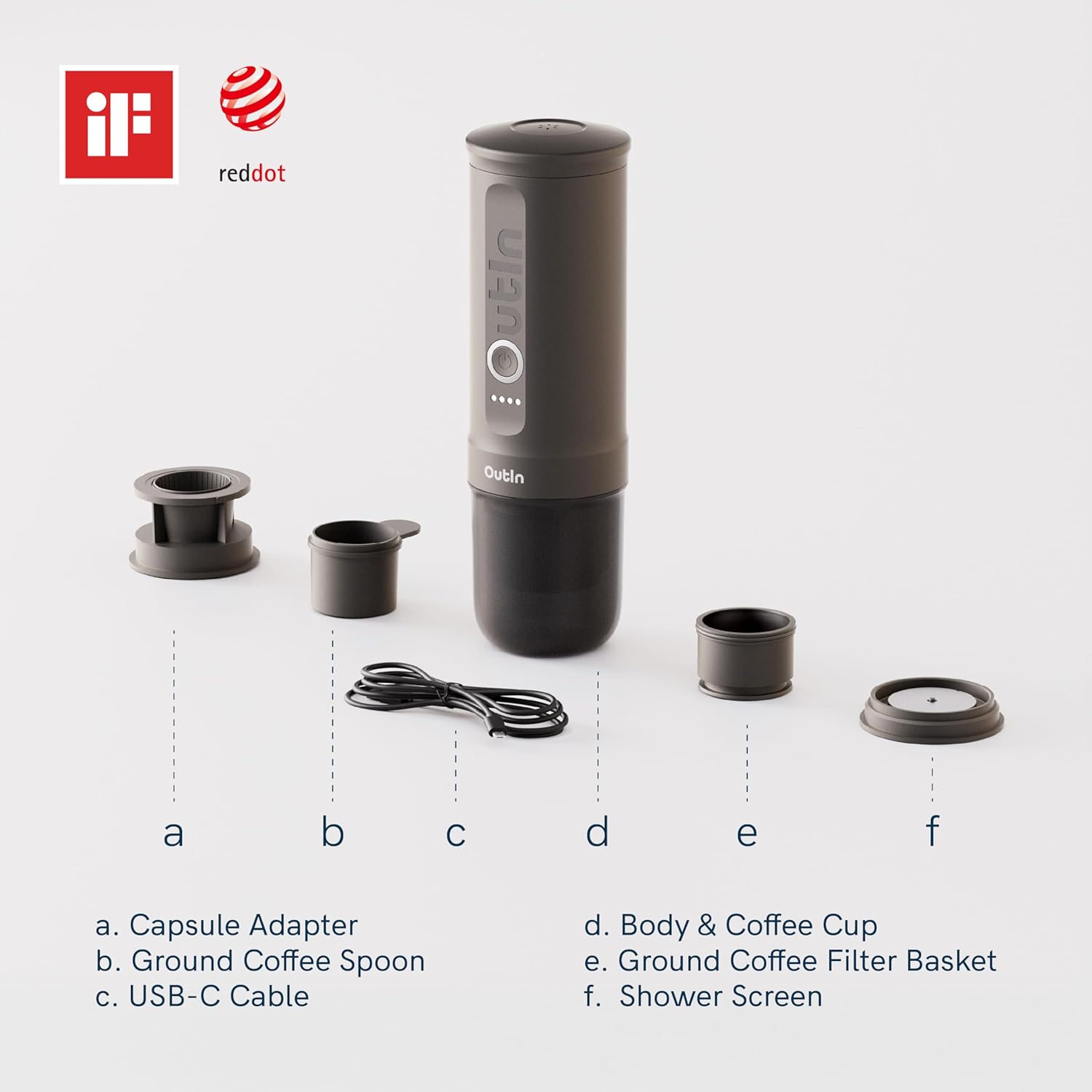 OutIn Přenosný elektrický kávovar na espresso s USB-C, Space Grey | Vlastní ohřev USB-C pro mletou kávu a kapsle NS, kompaktní na cesty, kempování a kancelář