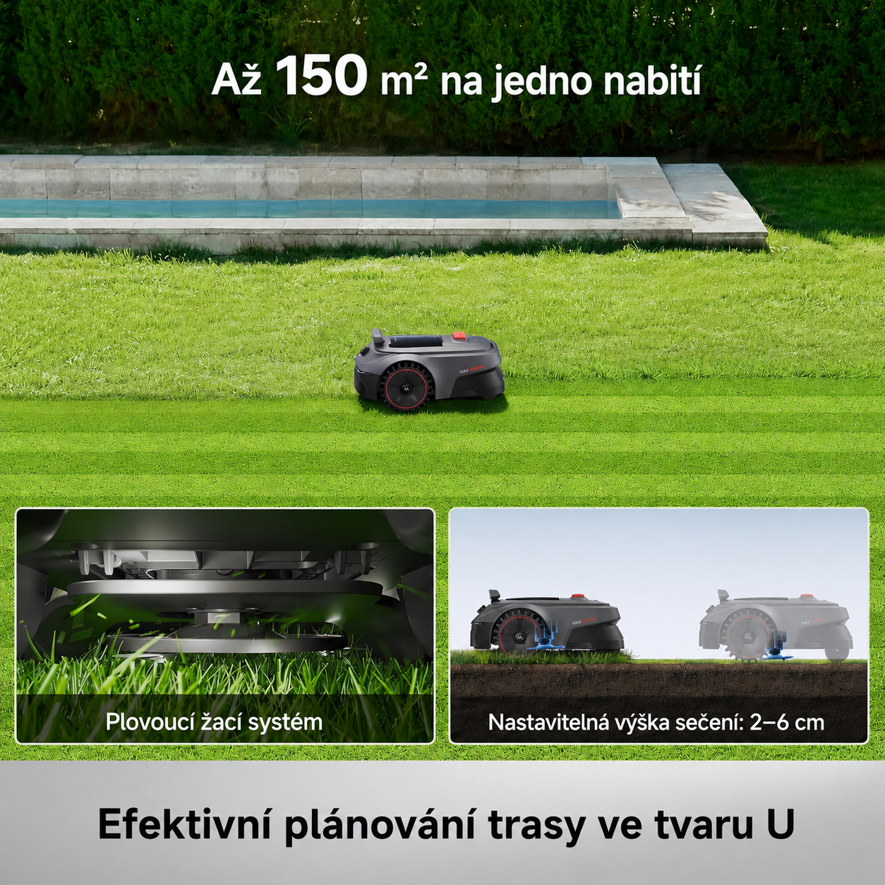 MOVA Robotická travní sekačka ViAX 500 bez omezovacího kabelu, doporuč. 600 m², mapování podporované umělou inteligencí, 360° liDAR a vize duálního AI, inteligentní vyhýbání se překážkám, U-dráha