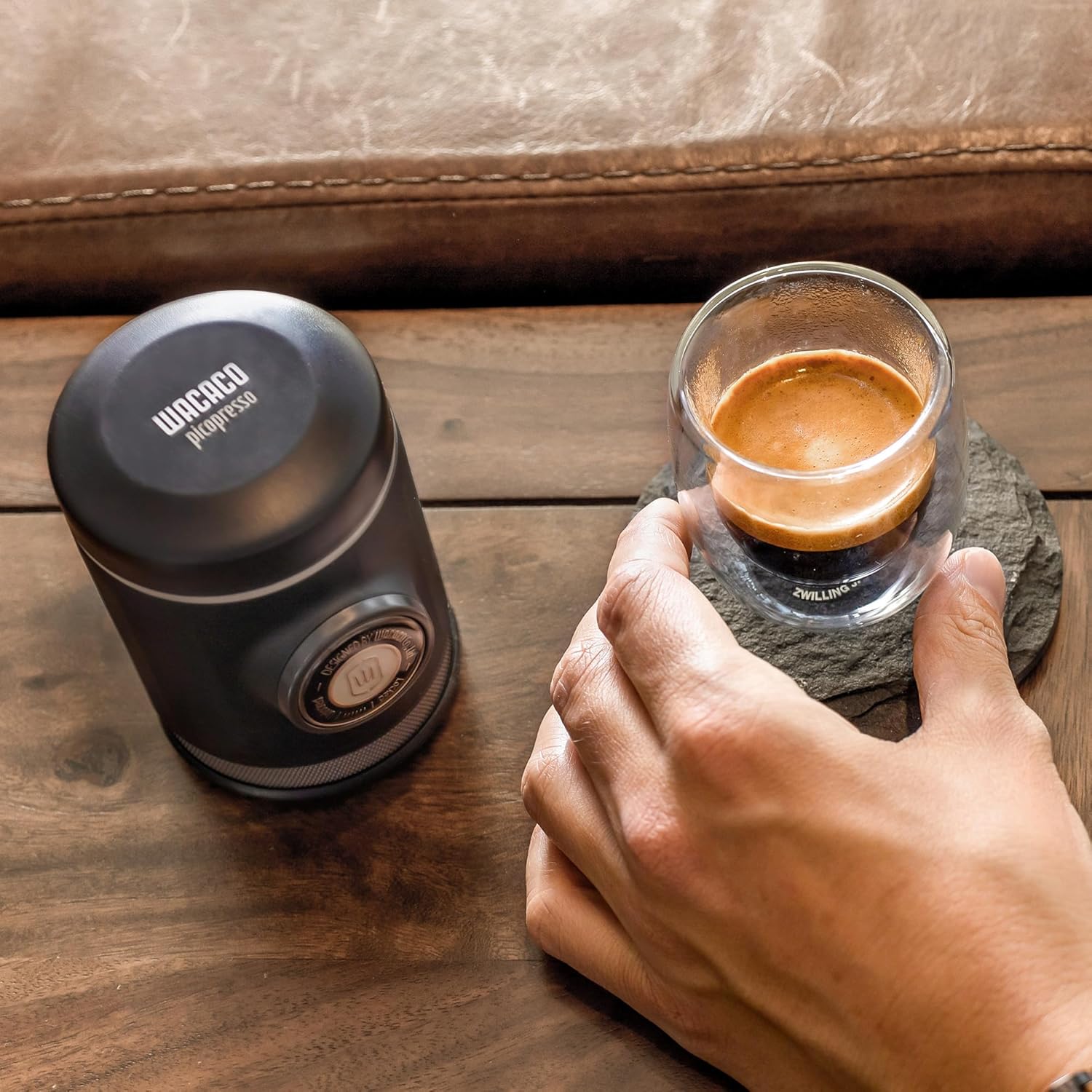 WACACO Přenosný kávovar na espresso Picopresso s pouzdrem, profesionální vysoce kvalitní kávovar, kompatibilní s ultra jemně mletou kávou, rýžovou kávu, manuální, šedý