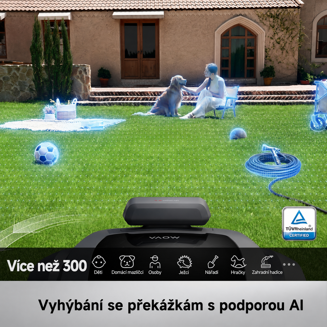 MOVA Robotická travní sekačka ViAX 500 bez omezovacího kabelu, doporuč. 600 m², mapování podporované umělou inteligencí, 360° liDAR a vize duálního AI, inteligentní vyhýbání se překážkám, U-dráha