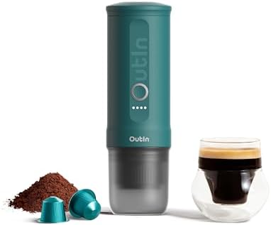OutIn Přenosný elektrický kávovar na espresso s USB-C, Space Grey | Vlastní ohřev USB-C pro mletou kávu a kapsle NS, kompaktní na cesty, kempování a kancelář