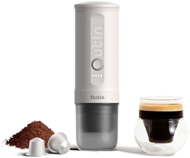 OutIn Přenosný elektrický kávovar na espresso s USB-C, Space Grey | Vlastní ohřev USB-C pro mletou kávu a kapsle NS, kompaktní na cesty, kempování a kancelář