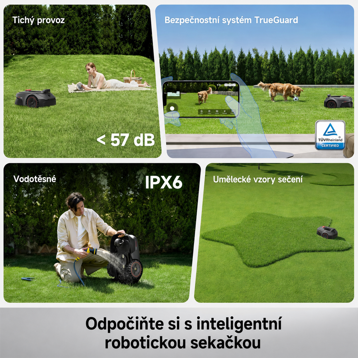 MOVA Robotická travní sekačka ViAX 500 bez omezovacího kabelu, doporuč. 600 m², mapování podporované umělou inteligencí, 360° liDAR a vize duálního AI, inteligentní vyhýbání se překážkám, U-dráha