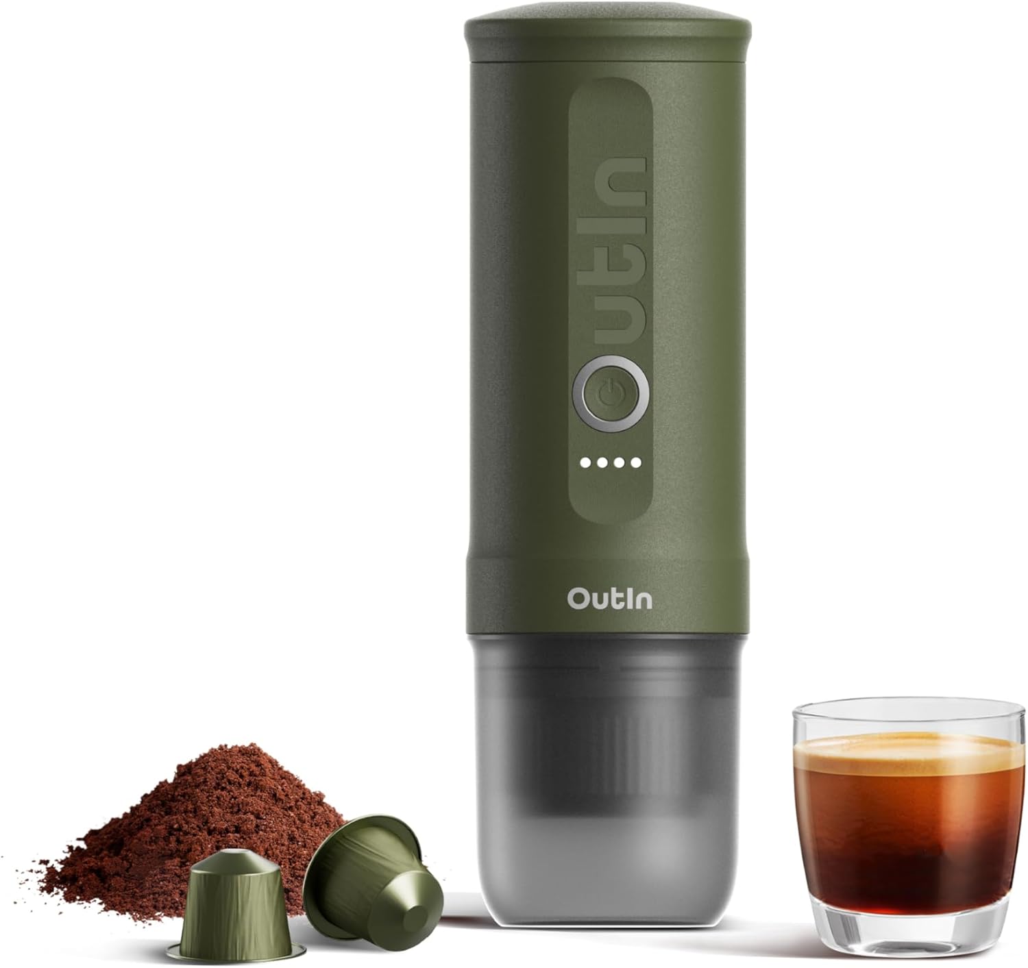 OutIn Přenosný elektrický kávovar na espresso s USB-C, Space Grey | Vlastní ohřev USB-C pro mletou kávu a kapsle NS, kompaktní na cesty, kempování a kancelář