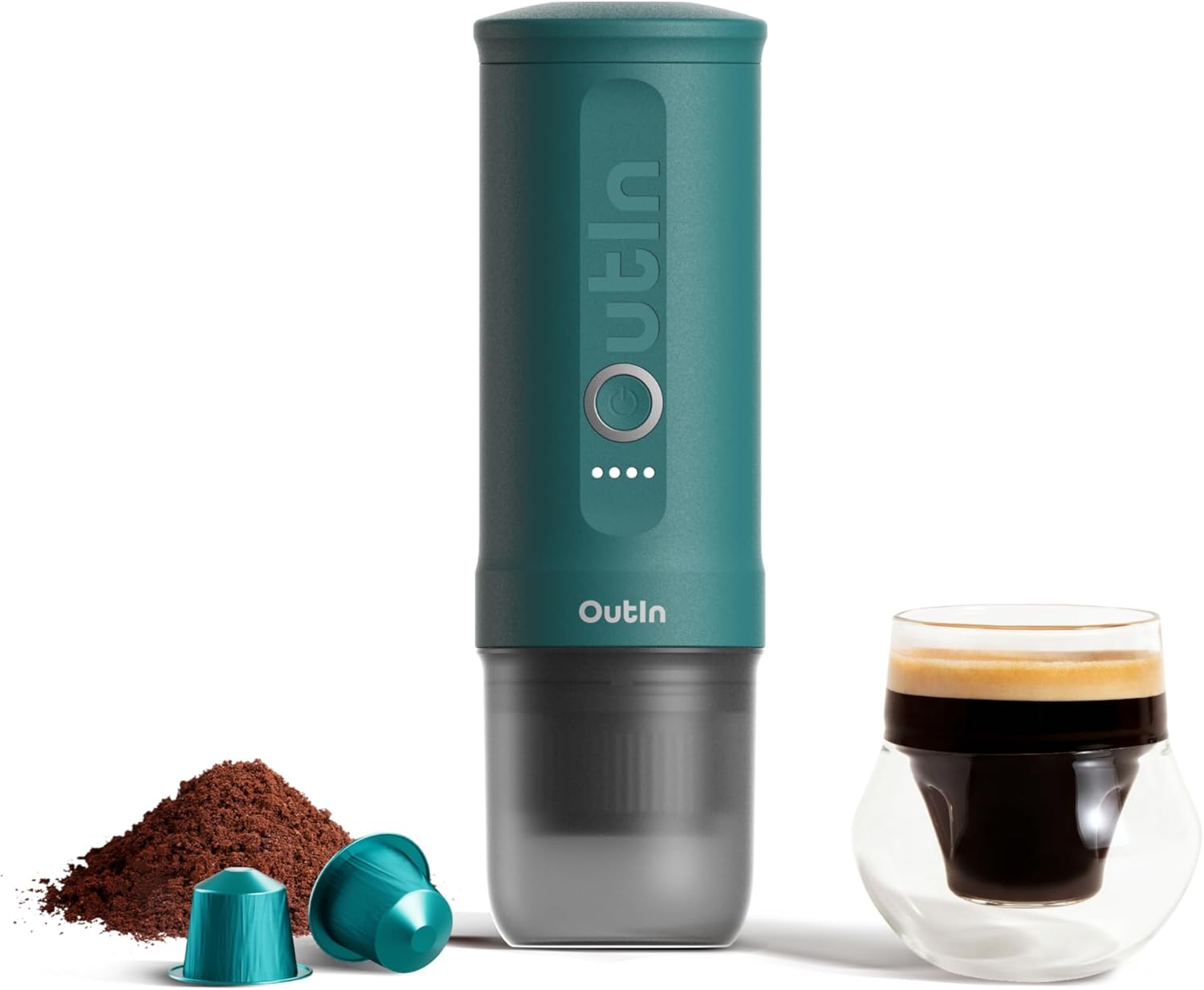 OutIn Přenosný elektrický kávovar na espresso s USB-C, Space Grey | Vlastní ohřev USB-C pro mletou kávu a kapsle NS, kompaktní na cesty, kempování a kancelář