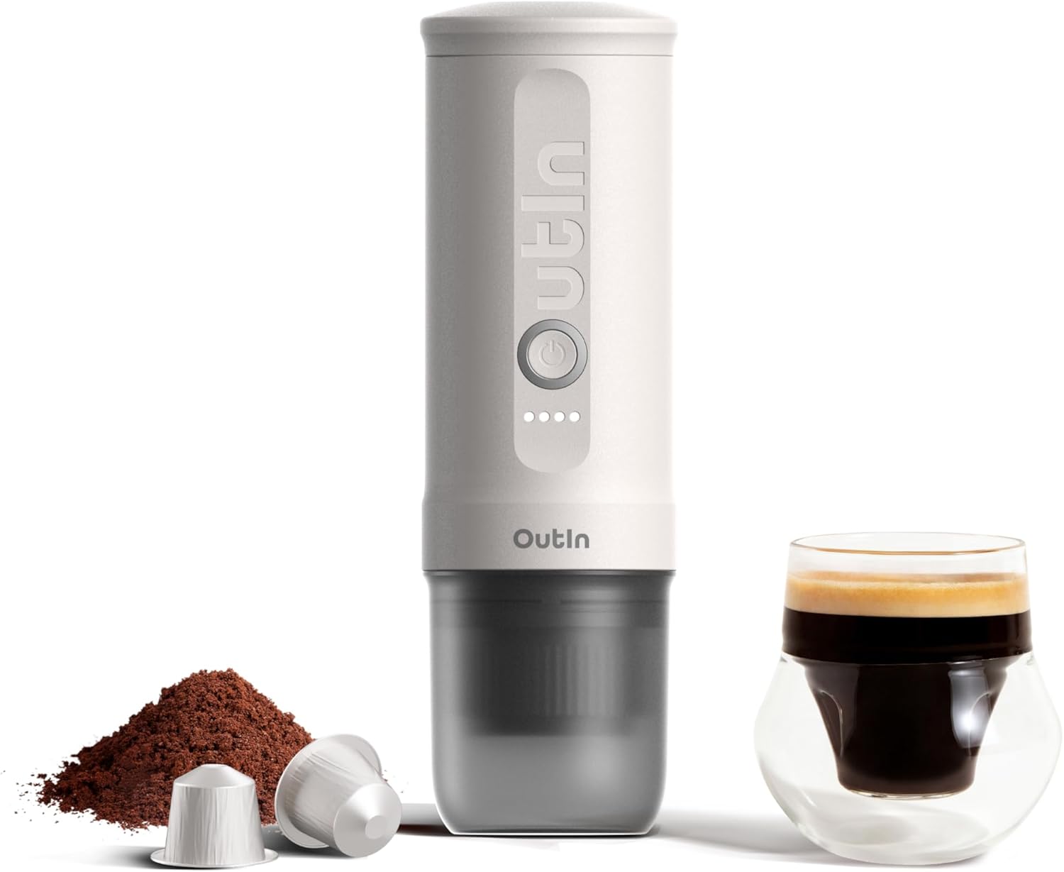 OutIn Přenosný elektrický kávovar na espresso s USB-C, Space Grey | Vlastní ohřev USB-C pro mletou kávu a kapsle NS, kompaktní na cesty, kempování a kancelář
