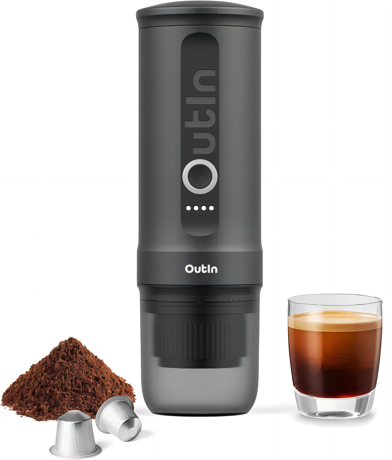 OutIn Přenosný elektrický kávovar na espresso s USB-C, Space Grey | Vlastní ohřev USB-C pro mletou kávu a kapsle NS, kompaktní na cesty, kempování a kancelář