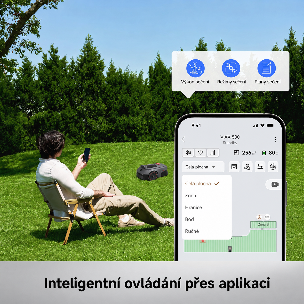 MOVA Robotická travní sekačka ViAX 500 bez omezovacího kabelu, doporuč. 600 m², mapování podporované umělou inteligencí, 360° liDAR a vize duálního AI, inteligentní vyhýbání se překážkám, U-dráha